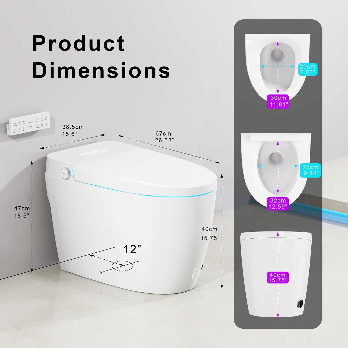 Smart Toilet with Built-In Tank, One-Piece Bidet toilet with Foot Flush, Auto Lid/Flush, Heated Seat, Warm Water&Dryer, Dual Flush & Dual Waterway, Foam Shield, Remote, LED Display&Night Light