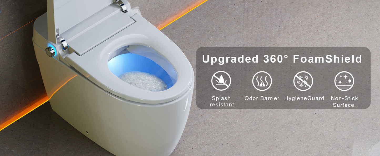Smart Toilet with Built-In Tank, One-Piece Bidet toilet with Foot Flush, Auto Lid/Flush, Heated Seat, Warm Water&Dryer, Dual Flush & Dual Waterway, Foam Shield, Remote, LED Display&Night Light