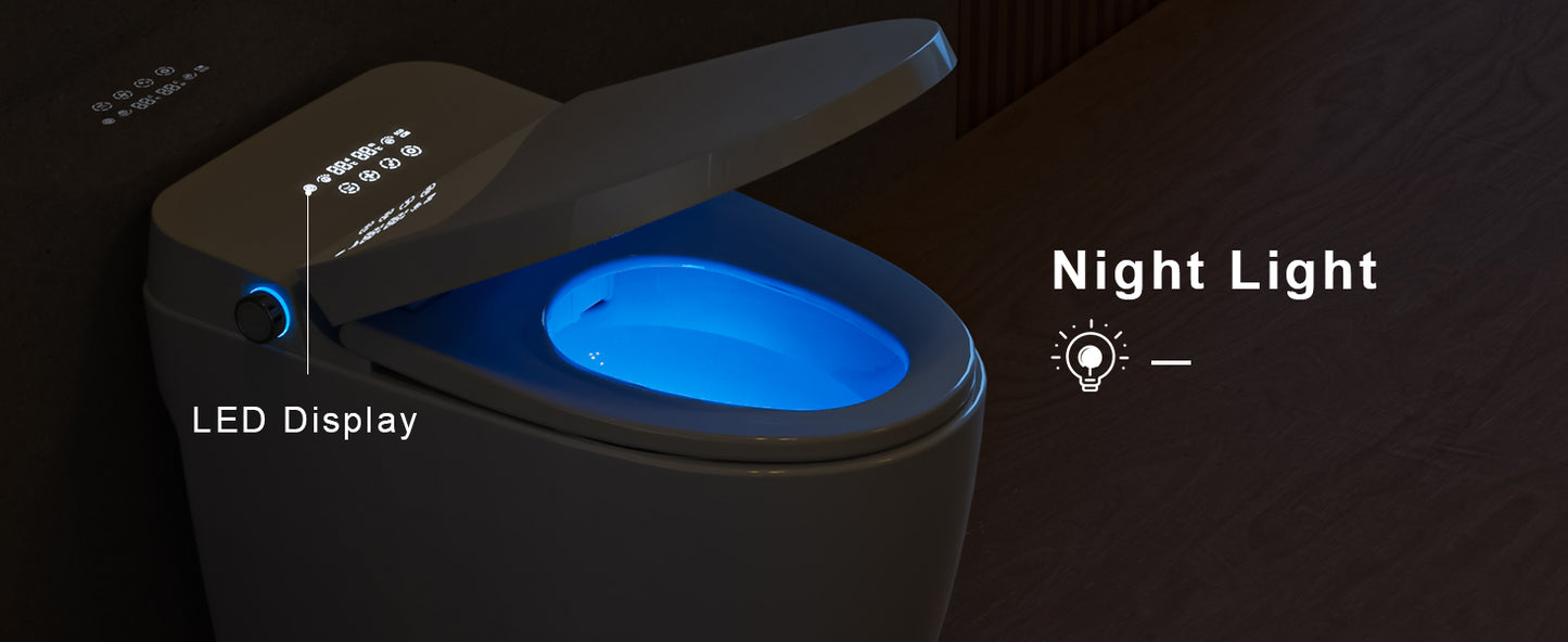 Smart Toilet with Built-In Tank, One-Piece Bidet toilet with Foot Flush, Auto Lid/Flush, Heated Seat, Warm Water&Dryer, Dual Flush & Dual Waterway, Foam Shield, Remote, LED Display&Night Light